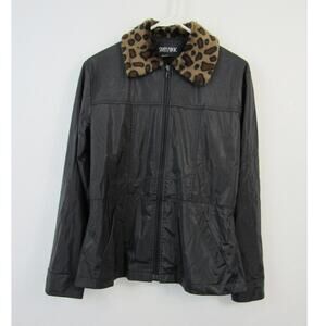 Street Magic Medium Black Jacket Leopard Print Faux Fur Collar Rain Coat Classic